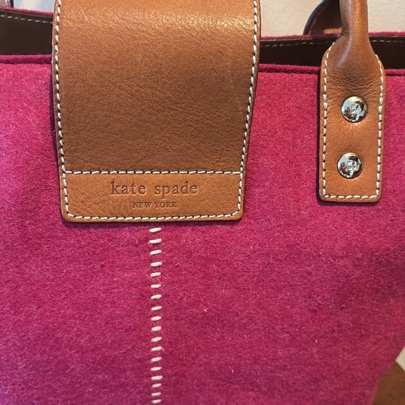 Kate Spade   Wool bag  tote  shoulder bag wool/leather trim  fuchsia/light brown - Picture 12 of 17
